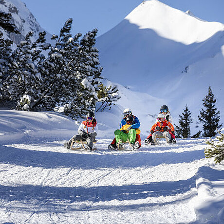 Mehrere Personen fahren einen verschneiten Montafoner Berg auf Schlitten hinunter