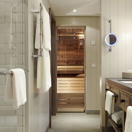 Bathroom with sauna at the Löwen Suite