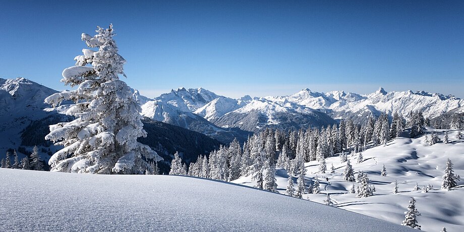 Atemberaubende Winterlandschaft mit Blick auf den Gipfel des Muttjöchle im Montafon