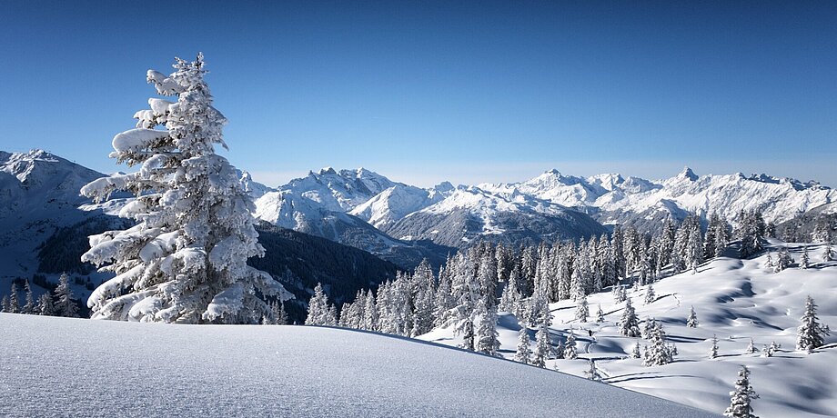 Atemberaubende Winterlandschaft mit Blick auf den Gipfel des Muttjöchle im Montafon