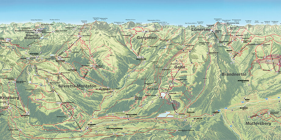 Karte aller Bergbahnen und Straßen im Montafon Brandnertal 